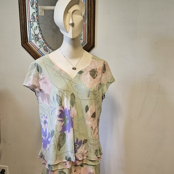 Beautiful VTG Seafoam and Lavender Floral Print Dress by J.B.S. LTD Sz 14 - Picture 2 of 9